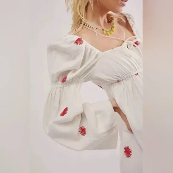 NWOT FREE PEOPLE LINEN Blend EMORY‎ EMBROIDERED MIDI DRESS Slit Side LS  IVORY L